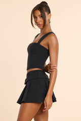 Maize-Brushed Twill Mid Rise Pleated Micro Mini Skirt in Black