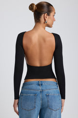 Elli-Modal High Neck Long Sleeve Open Back Top in Black