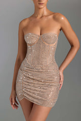 Azelie-Embellished Draped Corset Mini Dress in Honey