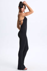 Kiki-Petite Plunge Open-Back Flared Jumpsuit in Black