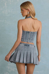 Laika-Low-Rise Pleated Mini Skirt in Light Blue