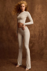 Mairead-Asymmetric Draped Mid-Rise Flared Trousers in Taupe
