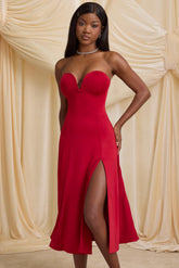 Joely-Slinky Jersey Strapless A-Line Midaxi Dress in True Red