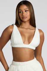 Loungewear-V Neck Fleece Bralette in White