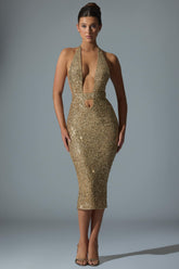 Harlyn-Embellished Cut-Out Open-Back Midaxi Dress in Gold