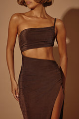 Ishtar-One Shoulder Cut Out Maxi Dress in Brown