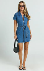 Nandini Mini Dress - Hardware Zip Through Denim Dress in Blue