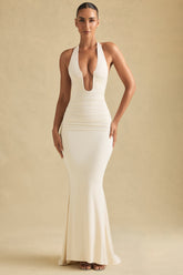 Laverna-Ruched Backless Halterneck Gown in Ivory