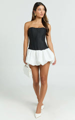 Santana Mini Dress - Strapless Fit And Flare Bubble Hem Dress in Black/White