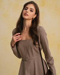 Brown Plaid Square Neck Belted Maxi Dress