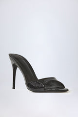 Amandine-Almond-Toe Heeled Mules in Croc Patent Black