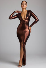 Safiya-Long Sleeve Metallic Jersey Evening Gown in Copper Bronze