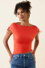 Kaede-Asymmetric Ruched Cowl-Back Crop Top in Scarlet