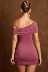 Jinnie-Off-Shoulder Draped Mini Dress in Rose Brown