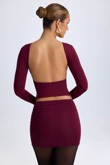 Elli-Modal High Neck Long Sleeve Open Back Top in Wine Red