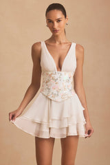 Sakura-Embellished Ruffled Corset Mini Dress in Ivory