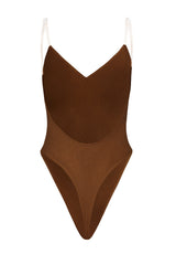 Intimates-Soft Mesh V-Neck Bodysuit in Chestnut
