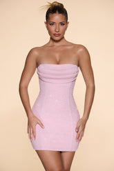 Basel-Embellished Strapless Cowl Neck Mini Dress in Blush