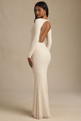 Tarini-Ruched Backless Lace Maxi Dress in Ivory