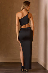 Ishaana-Ruched Asymmetric-Waist Maxi Skirt in Black