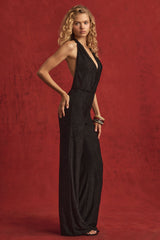 Tulay-Devoré Halterneck Open-Back Jumpsuit in Black