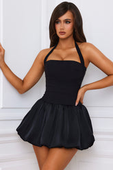 Ludmila-Halterneck Lace-Up Bubble Hem Corset Micro Mini Dress in Black