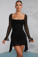 Tivoli-Long Sleeve Embellished Cowl Neck Mini Dress in Black