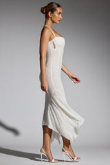 Dole-Embellished Handkerchief Hem Maxi Dress in White