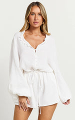 Laylani Playsuit - V Neck Puff Sleeve in White