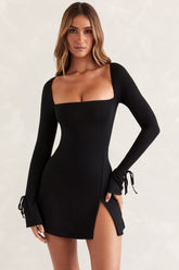 Baize-Square Neck Long Sleeve Mini Dress in Black