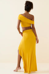Imaan-Asymmetric Ruffled Low-Rise Maxi Skirt in Golden Yellow