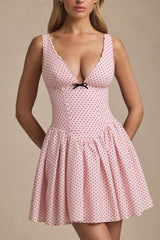 Sabina-Bow-Detail A-Line Mini Dress in Pink Polka Dot