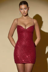 Mischa-Embellished Sweetheart-Neck Mini Dress in Red