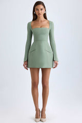 Taesha-Square-Neck Structured Tulip Mini Dress in Khaki Green