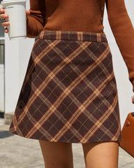 Brown High Waisted Plaid Mini Skirt