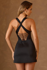 Carlotta-Halterneck Lace-Up A-Line Mini Dress in Black