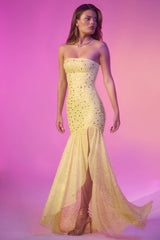 Kerra-Semi-Sheer Embellished Asymmetric Maxi Dress in Yellow