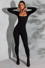 Delanie-Square Neck Long Sleeve Jumpsuit in Black
