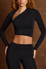 Leona-Asymmetric Draped Long-Sleeve Top in Black