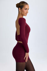 Elli-Modal High Neck Long Sleeve Open Back Top in Wine Red
