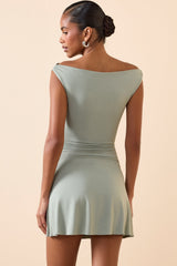 Kyra-Modal Off-Shoulder Ruched A-Line Mini Dress in Smoke Green