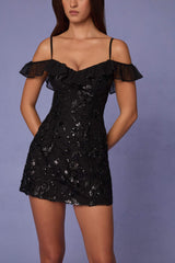 Jacira-Embellished Lace-Up A-Line Mini Dress in Black