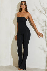 Jamila-Strapless Flared Hem Jumpsuit in Black
