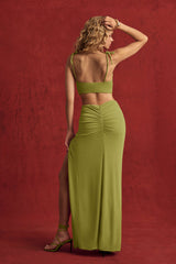 Imara-Textured Jersey Asymmetric Maxi Dress in Olive Green