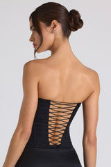Melvina-Ruched Lace-Up Strapless Corset Top in Black
