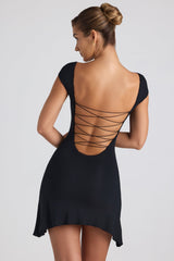 Joss-Modal Asymmetric Lace-Up A-Line Mini Dress in Black