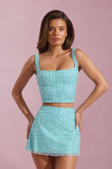 Jianna-Embellished Low-Rise Mini Skirt in Aqua Blue