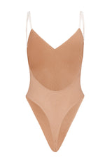 Intimates-Soft Mesh V-Neck Bodysuit in Warm Peach