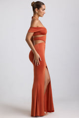 Karleen-Slinky Jersey Cut-Out Halterneck Gown in Burnt Orange