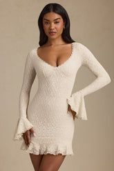 Nara-Long-Sleeve Ruffled Lace Mini Dress in Ivory